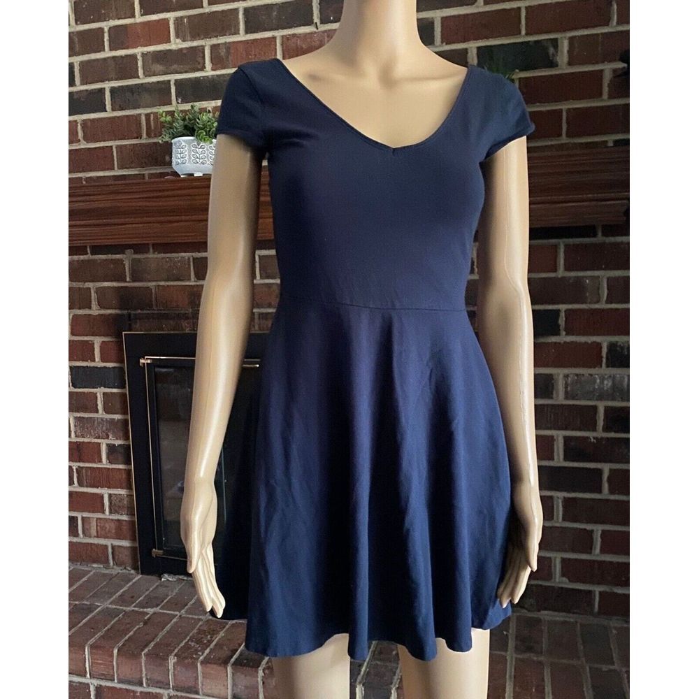 HOLLISTER Women's & Flare Dress Navy Blue Short Knit V‎ Neck Size S Mini Casual